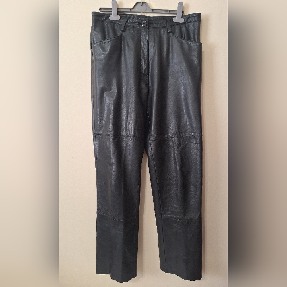 Paolo Contini L black genuine lamb skin leather high rise straight leg pants